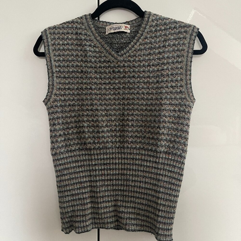Vintage Missoni Sport Italy Gray Blue Brown Neutral Wool Sweater Vest 42 (XS)